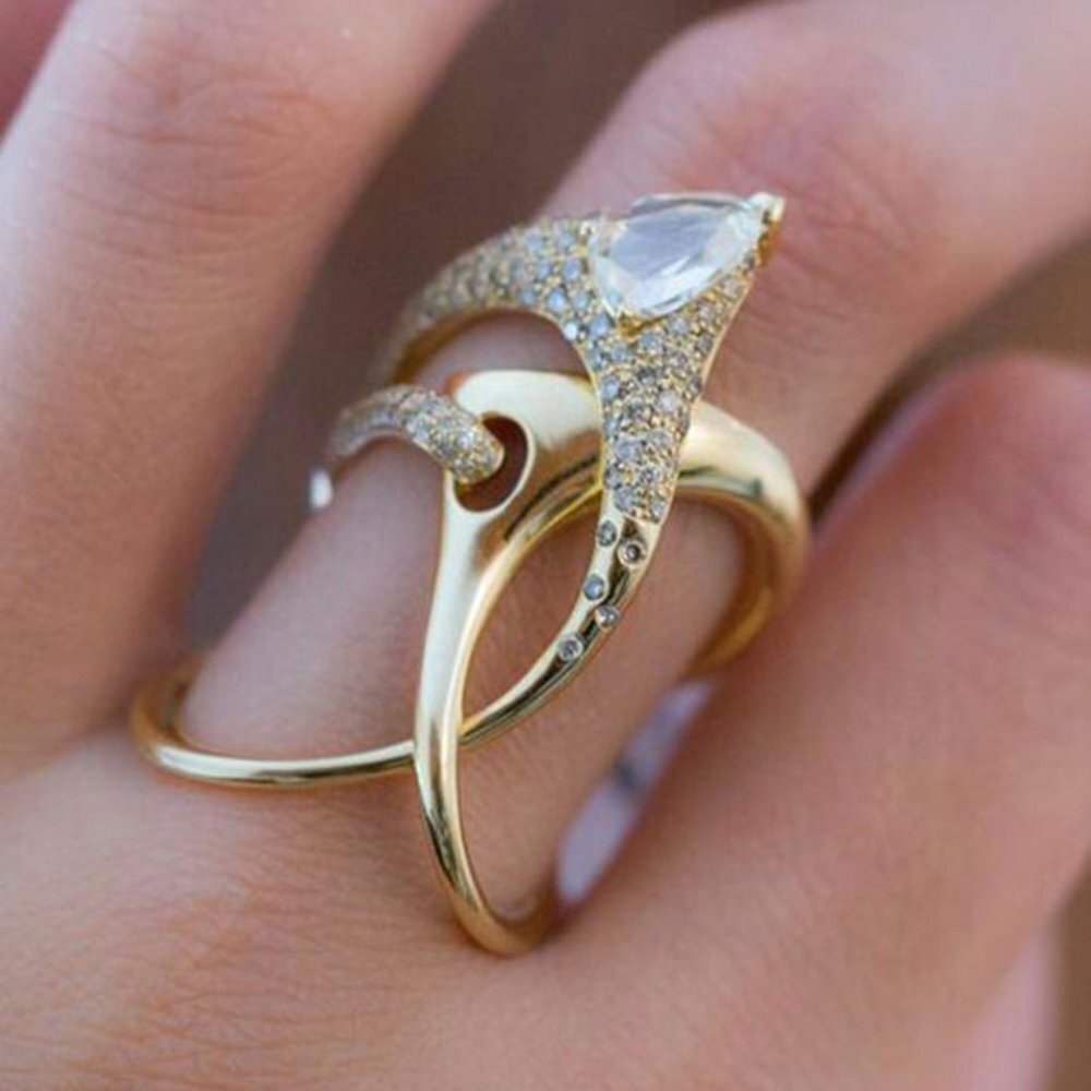Creative Irregular Cross Design Pear Zircon Gold Rings for Women, INDN8202 - Picture 6 of 6